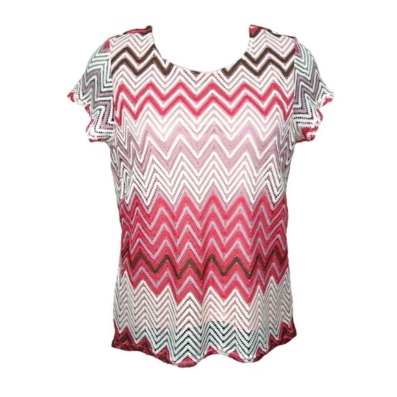 1x Roz & Ali Boho Lace Blouse Short Sleeve Stretch Plus Lined White Pink - Picture 1 of 8